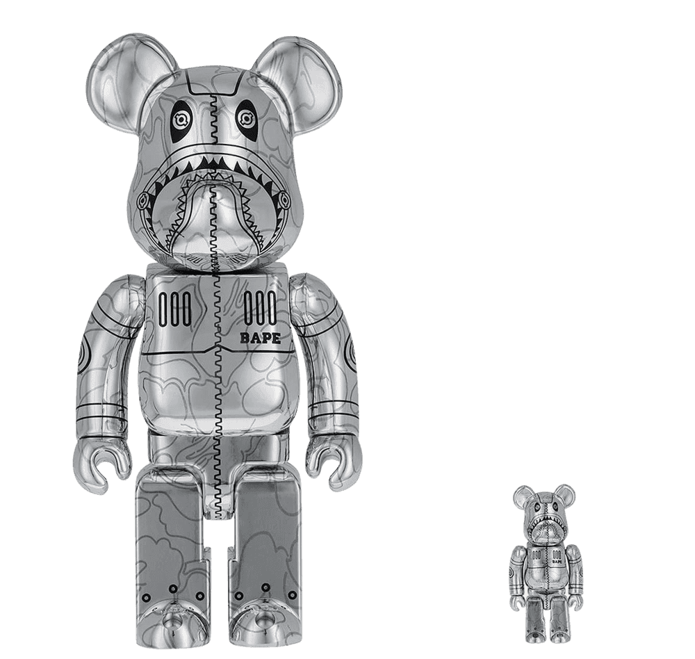 Hajime Sorayama, ‘BAPE Camo Shark 100% & 400% Set (Silver)’, 31-07-2021, Sculpture, Acrylonitrile Butadiene Styrene, Medicom Toy, 
