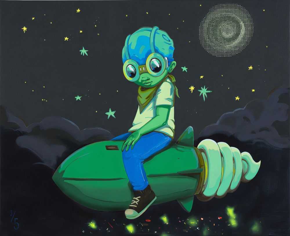 Hebru Brantley, ‘Night Flight’, 2021, Print, Digital print with screenprinted glow in the dark ink on 330gsm Museum Cotton Smooth Rag Paper, Self-released, Numbered