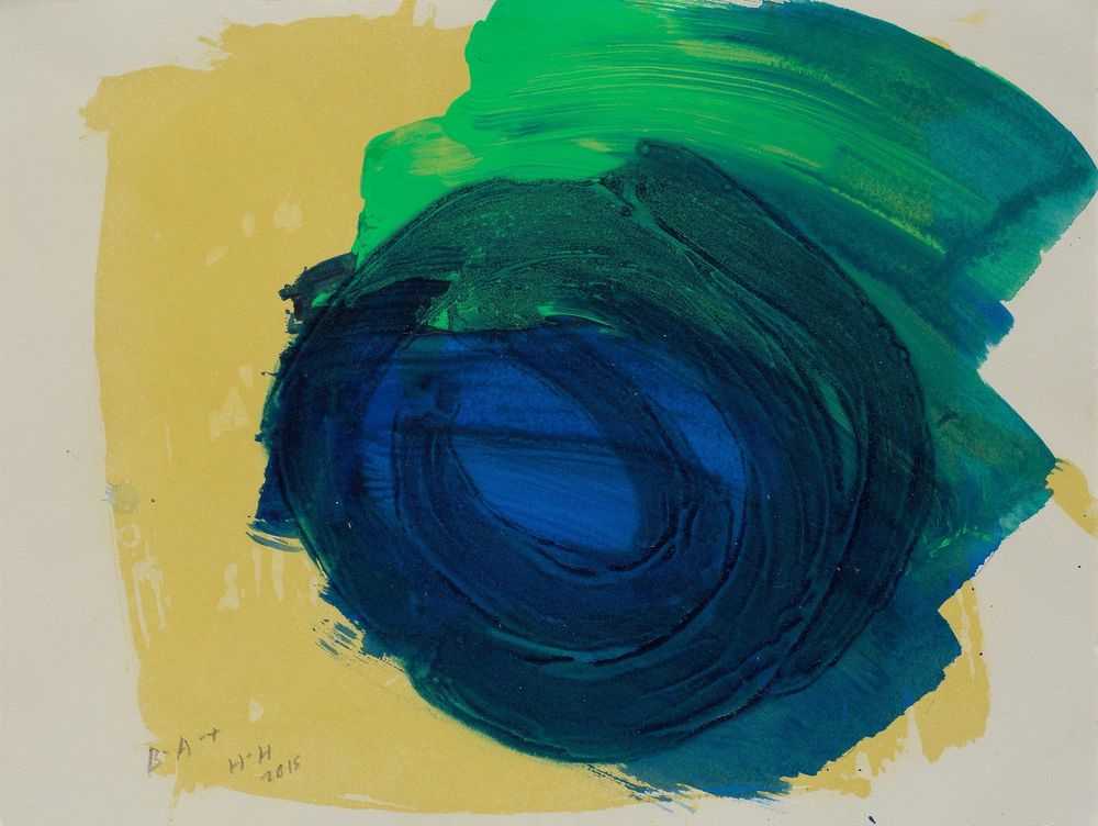Howard Hodgkin, ‘Absolutely’, 2015, Print, Hand painted sugar lift aquatint with carborundum relief from 2 plates. Sugar lift printed in Primrose Yellow/Zinc White mix with a touch of Viridian, then hand painted in Ultramarine Blue and Spring Green. Overprinted with carborundum relief in Turquoise/Prussian Blue mix, on Velin Cuve BFK Rives Grey 280gsm paper, Cristea Roberts Gallery, Numbered, Dated