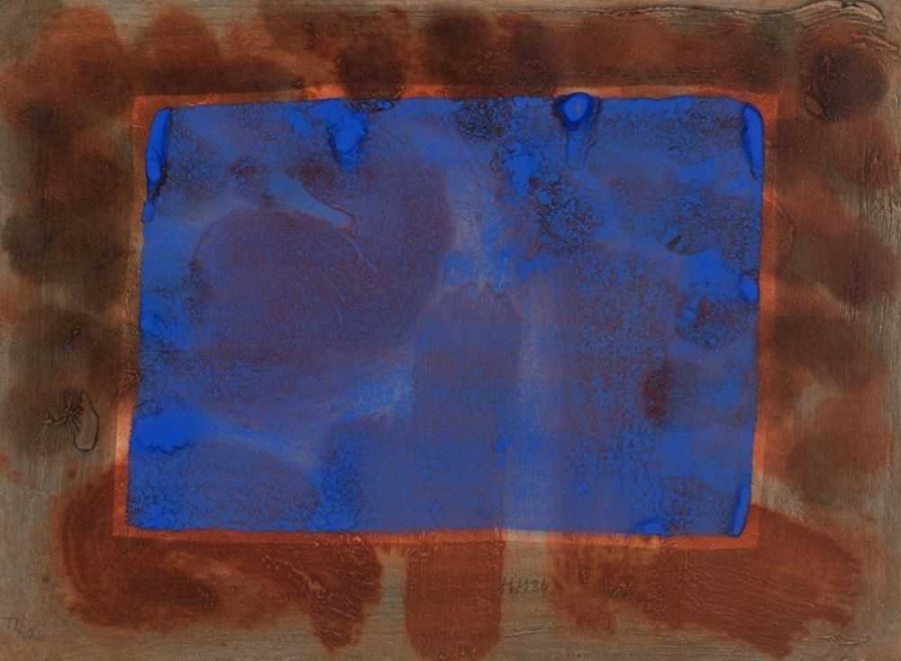 Howard Hodgkin, ‘Blue Listening Ear’, 1986, Print, Lift ground etching with aquatint with carborundum from three aluminium plates printed in different tones of red, warm black and cool black, with hand colouring in cobalt blue egg tempera. On TH Saunders NOT paper 240gsm, Bernard Jacobson Ltd, Numbered, Dated