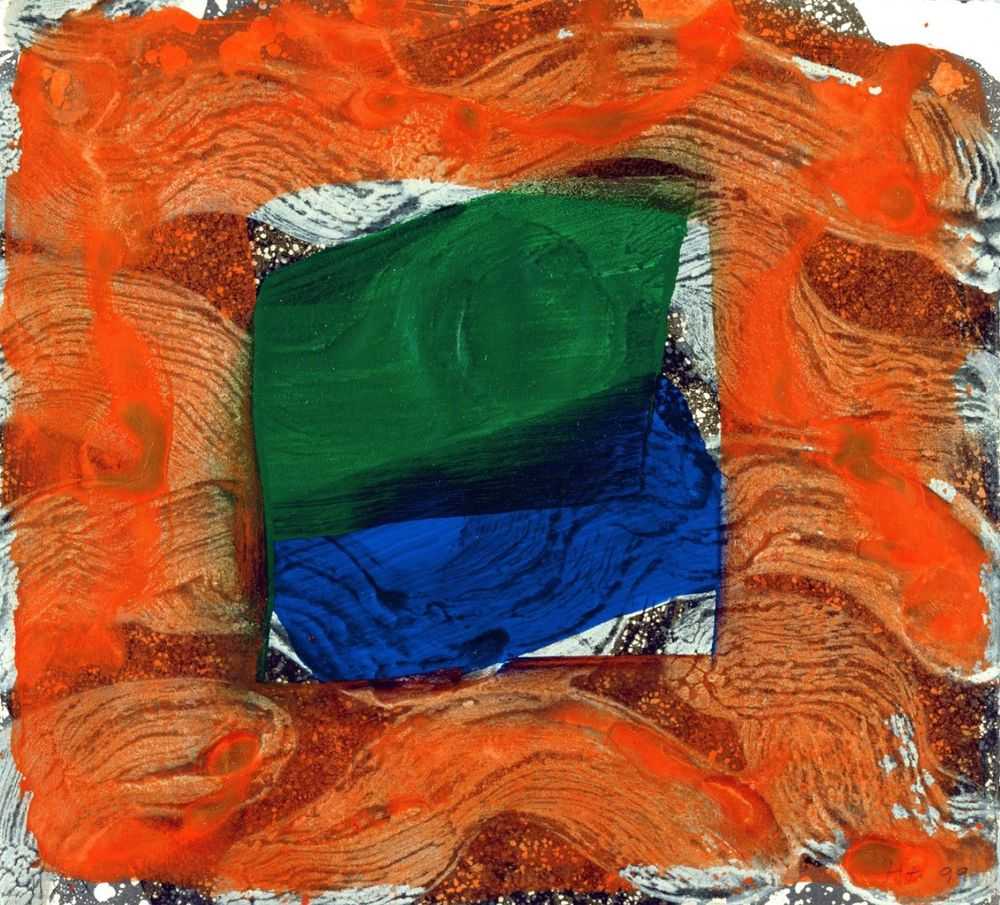 Howard Hodgkin, ‘Books for the Paris Review’, 1997, Print, Lift ground etching and aquatint from three copper plates, with carborundum from one aluminium plate, printed in three shades of grey and two shades of black, with hand colouring in ultramarine blue, green and cadmium red acrylic. On 100% cotton paper from Two Rivers paper mill, Watchet, Somerset 350gsm, Paris Review, Numbered, Dated