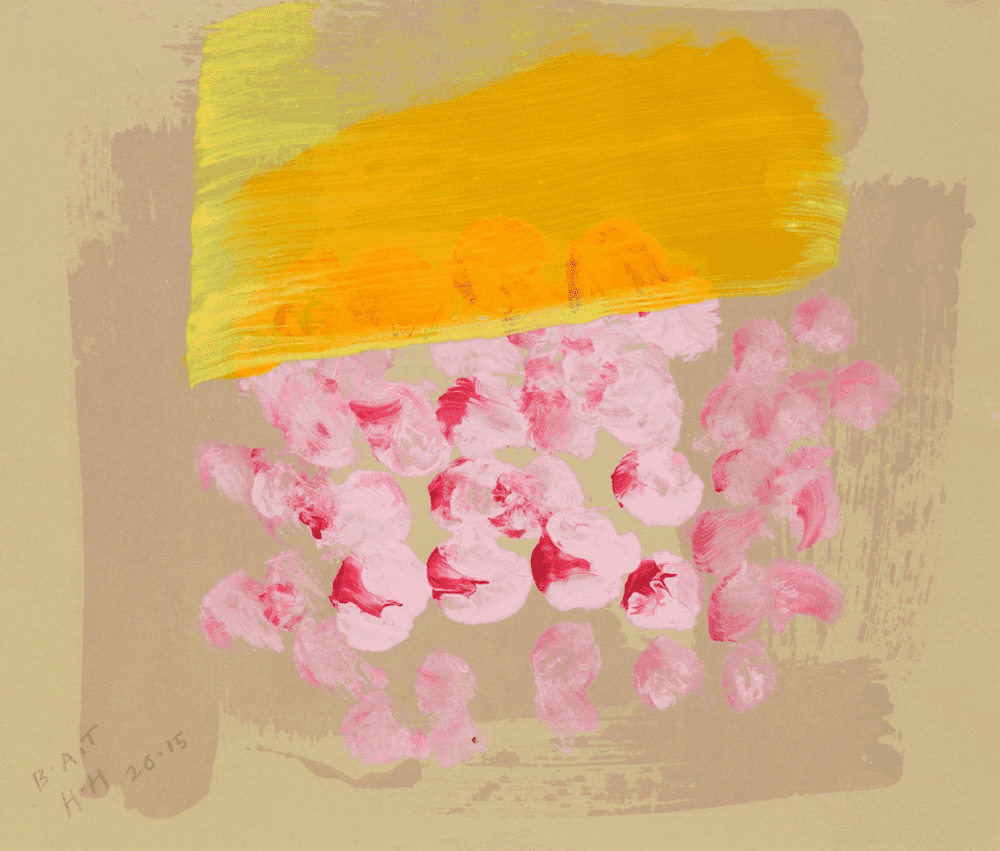 Howard Hodgkin, ‘Fresh Fruit Crumble’, 2015, Print, Hand painted sugar lift aquatint from 1 plate. Printed in Zinc White/Van Dyke Brown mix, then hand painted in Light Magenta/Quinacridone mix, Indian Yellow Hue and Hansa Yellow Light, on Velin Cuve BFK Rives Tan 280gsm paper, Cristea Roberts Gallery, Numbered, Dated