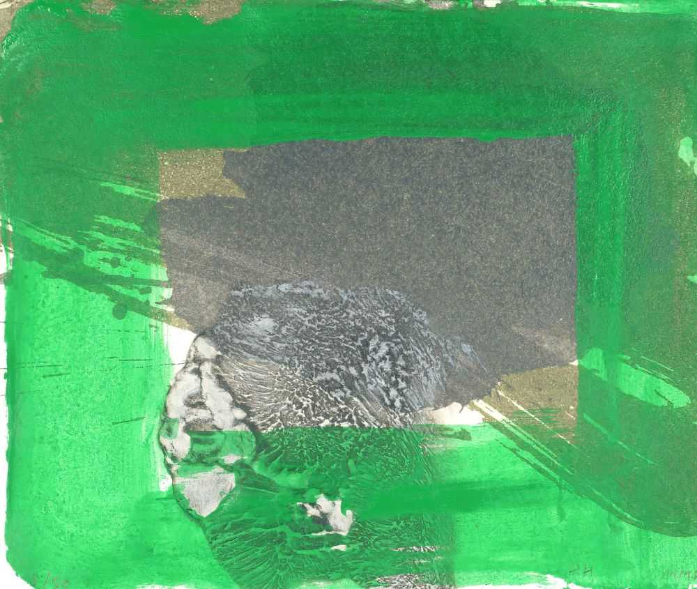 Howard Hodgkin, ‘Rain’, 2000, Print, Lift ground etching and aquatint from two copper plates, with carborundum from one plastic plate, printed in green/grey, USA bone black and grey and complimentary viridian/vermillion grey, with hand colouring in green acrylic. On 100% cotton paper from Two Rivers paper mill, Watchet, Somerset 280gsm, Cristea Roberts Gallery, Numbered, Dated