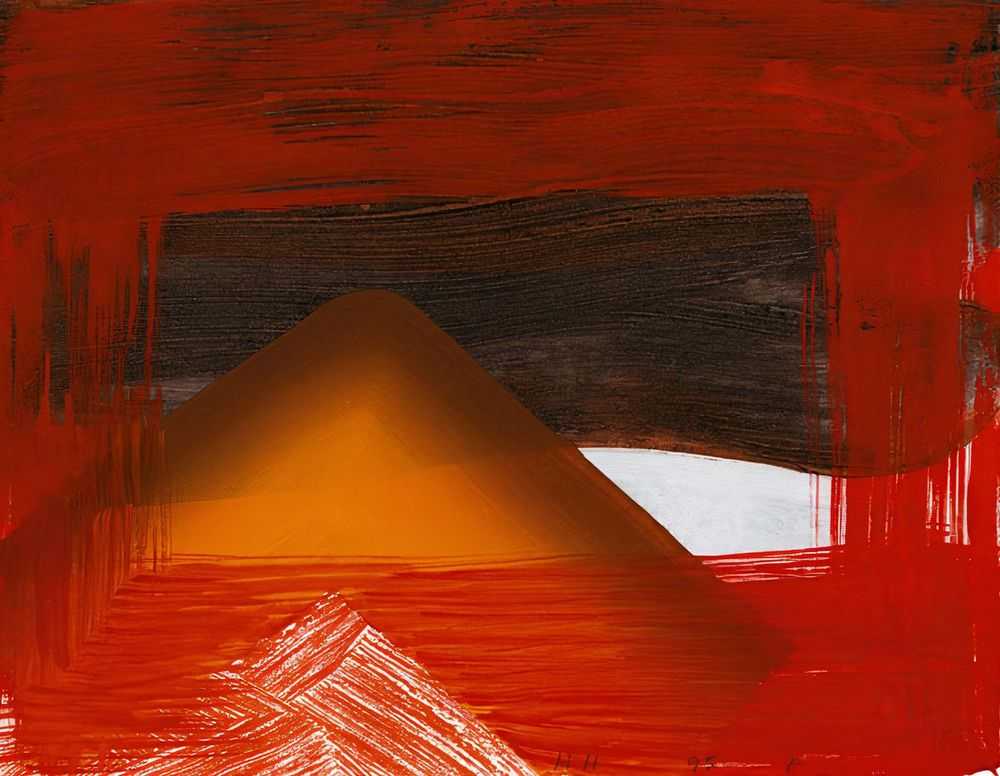 Howard Hodgkin, ‘Snow’, 1995, Print, Intaglio print with carborundum from two aluminium plates printed in orange and two shades of grey, with hand colouring in cadmium scarlet and cadmium yellow acrylic. On 100% cotton paper from Two Rives paper mill, Watchet, Somerset 200gsm, MoMA, Numbered, Dated
