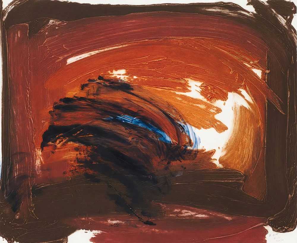 Howard Hodgkin, ‘Storm Cloud’, 2014, Print, Hand painted carborundum relief from 1 plate printed with Warm Sepia, Sanguine, Red Umber, Naples/ Sienna mix, and Burnt Sienna, with hand painting in Payne’s Grey/ Prussian Blue mix on Moulin Du Gué 350gsm paper, Cristea Roberts Gallery, Numbered, Dated