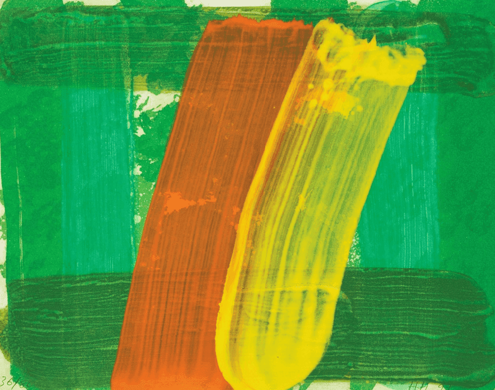 Howard Hodgkin, ‘Summer’, 1997, Print, Lift ground etching and aquatint from two copper plates, with carborundum from two aluminium plates printed in six shades of green, with hand colouring in cadmium orange and cadmium yellow acrylic. On 100% cotton paper from Two Rivers paper mill, Watchet, Somerset 300gsm, MoMA, Numbered, Dated