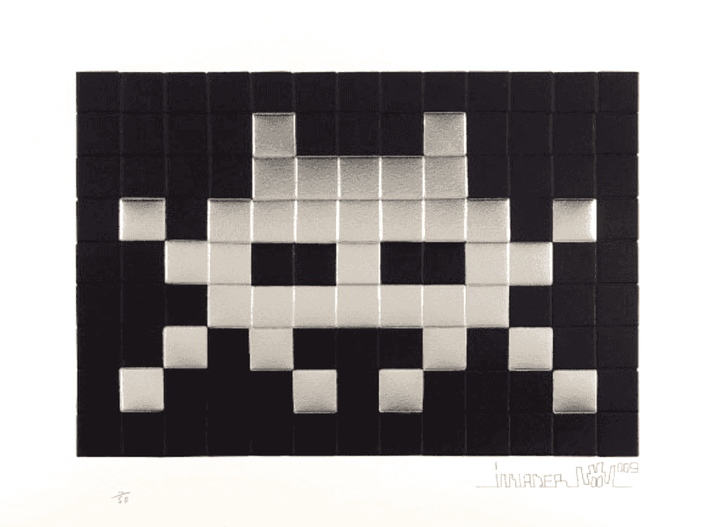 Invader, ‘Invasion (Silver)’, 2009, Print, One colour screenprint plus two colour foils. Embossed design on 310gsm paper, Pictures on Walls, Numbered, Dated
