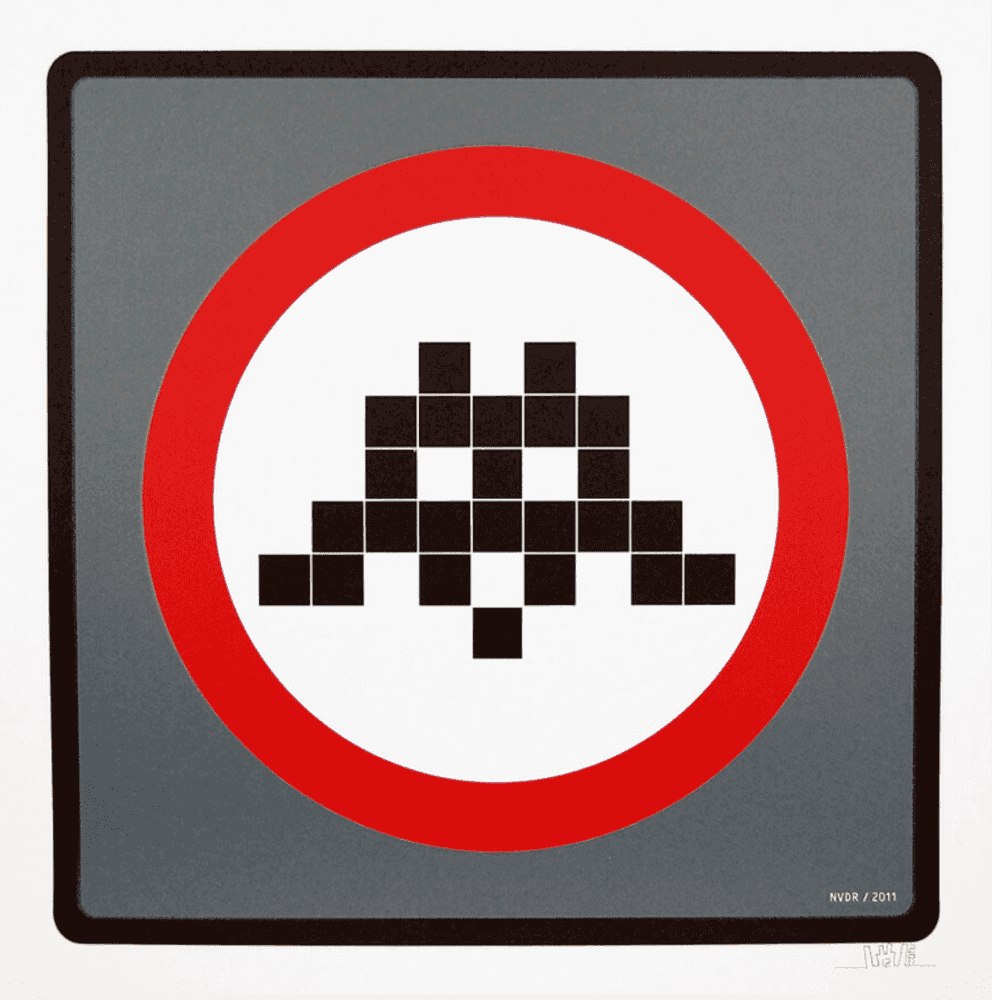 Invader, ‘Warning Invader (Silver)’, 2012, Print, Four colour screenprint on 300gsm somerset velvet white, Pictures on Walls, Numbered, Dated