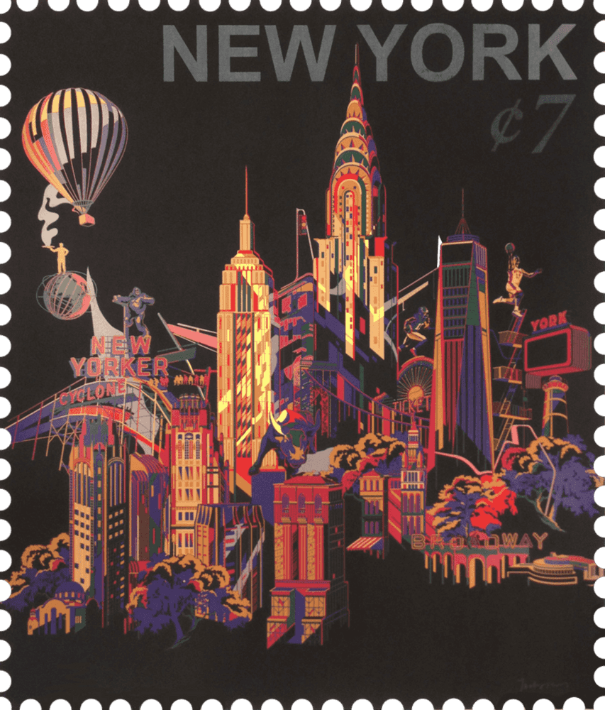 Jacky Tsai, ‘NY Cityscape Stamp’, 03-04-2016, Print, 10 colour screenprint with glow in the dark ink and varnish on Somerset Satin 410gsm paper, Eyestorm, Numbered