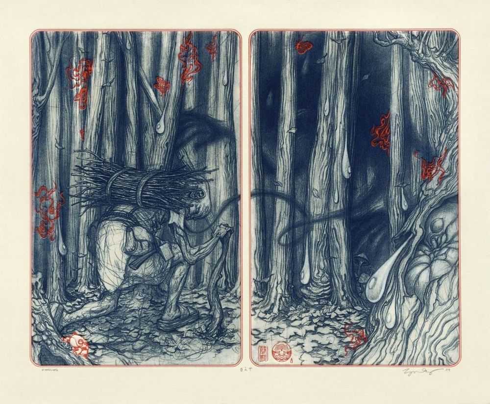 James Jean, ‘Kindling’, 04-06-2009, Print, Intaglio and relief printed Printed on Rives BFK printmaking paper Hand applied highlights in coloured pencil, Pressure Printing, Numbered, Handfinished