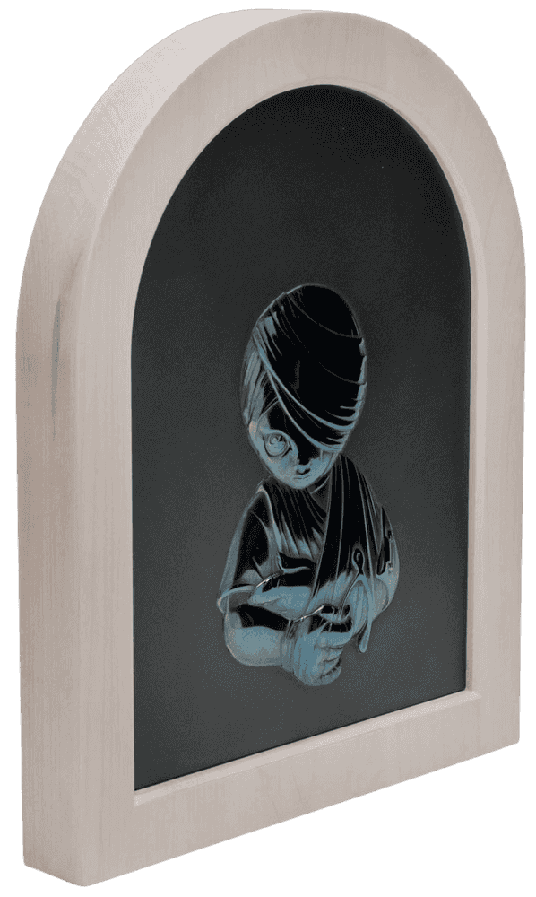 James Jean, ‘Slingshot Requiem (Relief)’, 27-10-2021, Print, Carved, polished, and sandblasted from a piece of quarter inch thick steel then heat treated to create a lustrous blue, purple and silver patina mounted in a bespoke, white washed solid maple frame, Avant Arte, Numbered, Framed