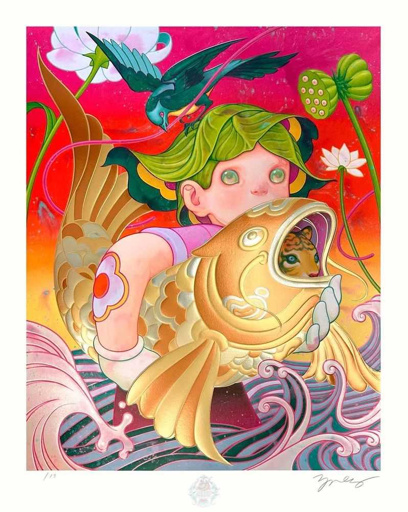 James Jean, ‘The Catch (Gold)’, 2025, Print, Fine art print with Intricate holographic and foil detailing, Sefl released, Numbered