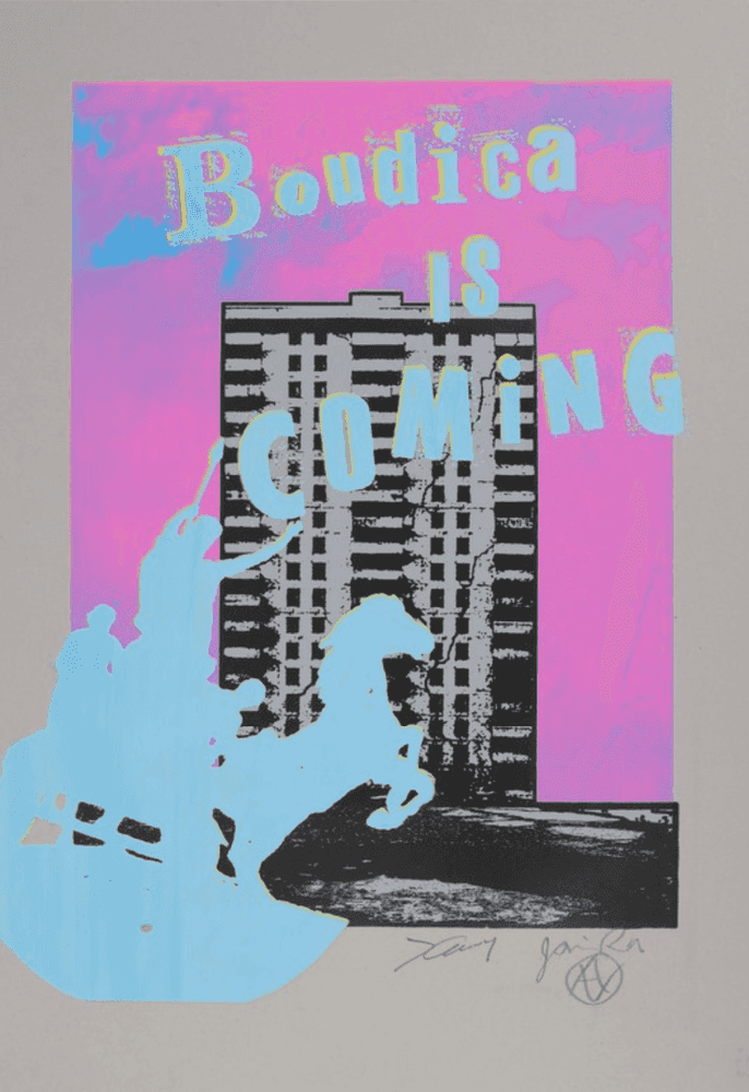 Jamie Reid, ‘Boudica Is Coming (Random Colourway)’, 16-09-2018, Print, 6 Colour screenprint In Assorted Colourways on 400gsm Optimum Grey Backed White Lined Chipboard, L 13 Light Industrial Workshop, Numbered