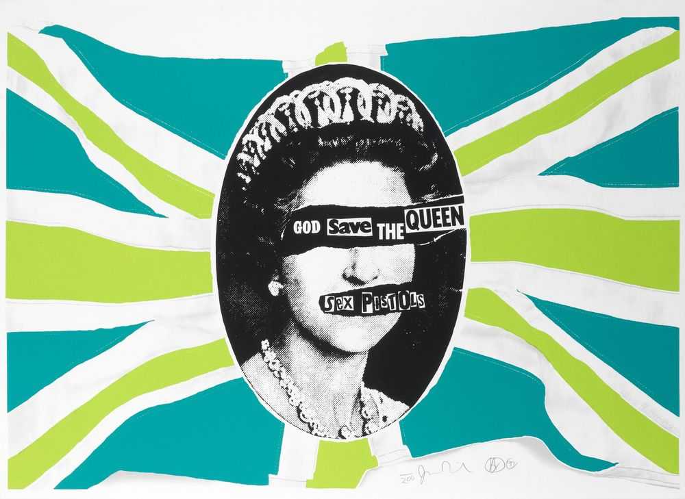 Jamie Reid, ‘God Save The Queen (Green & Blue)’, 1997, Print, Screen print in colours on artificial paper, Artificial Gallery, Numbered, Dated