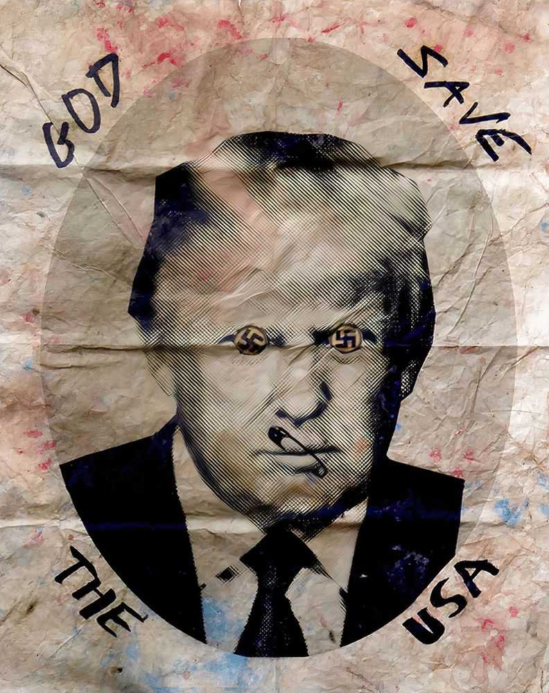 Jamie Reid, ‘God Save The USA (Swastika Eyes)’, 19-04-2017, Print, Original Poster stained with red and blue, hand distressed and folded, L 13 Light Industrial Workshop, Numbered, Handfinished