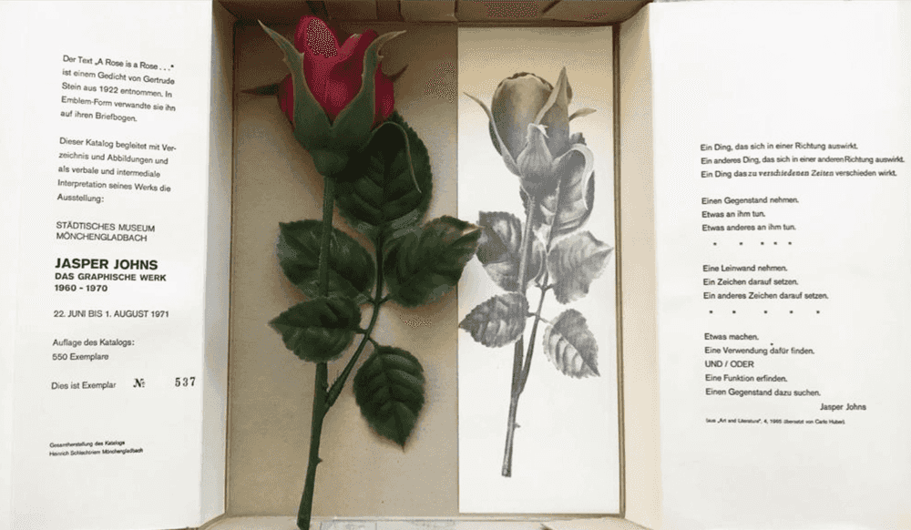 Jasper Johns, ‘Rose & Scroll’, 1977, Print, Catalogue in a box containing a plastic rose, three scrolls, and a rose bookmark/print, null, 
