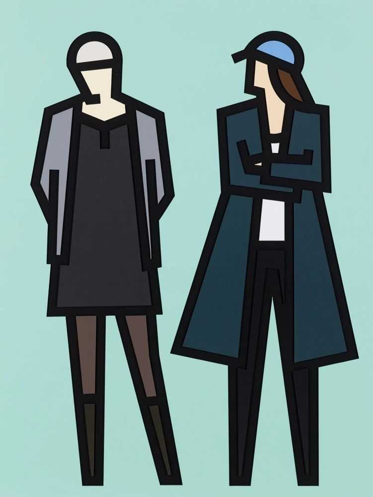 Julian Opie, ‘Standing Couples - Jade and Julia’, 2024, Print, Hand-colored relief with collage on museum board mounted to foamboard in artist's frame, null, 