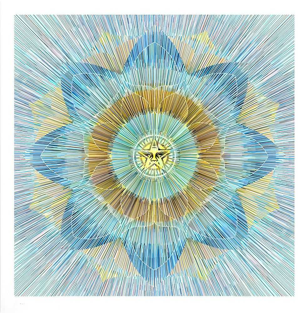 Kai & Sunny, ‘Obey X Kai & Sunny (Yellow)’, 19-08-2017, Print, Hand pulled 7 colour screenprint black, blue, dark blue, aqua, coral, yellow and pink on 100% cotton somerset satin 310gsm tub size, Self-released, Numbered