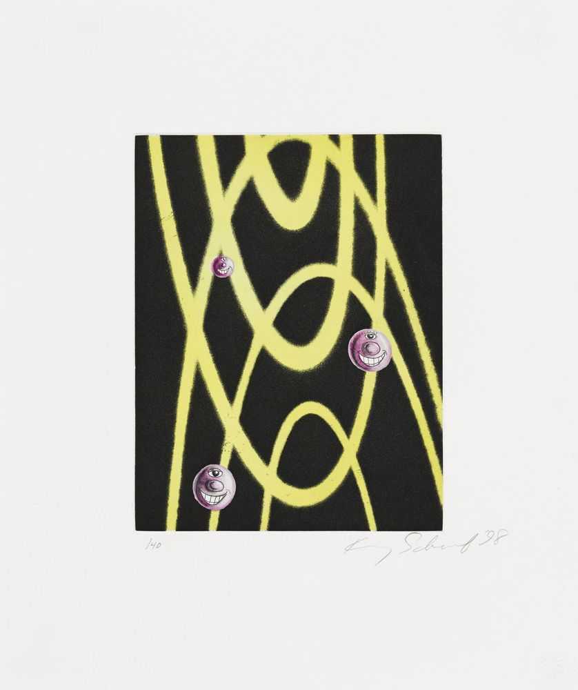 Kenny Scharf, ‘Orbiting’, 1998, Print, Etching, hand finished with yellow and purple watercolor, Self-released, Numbered, Handfinished