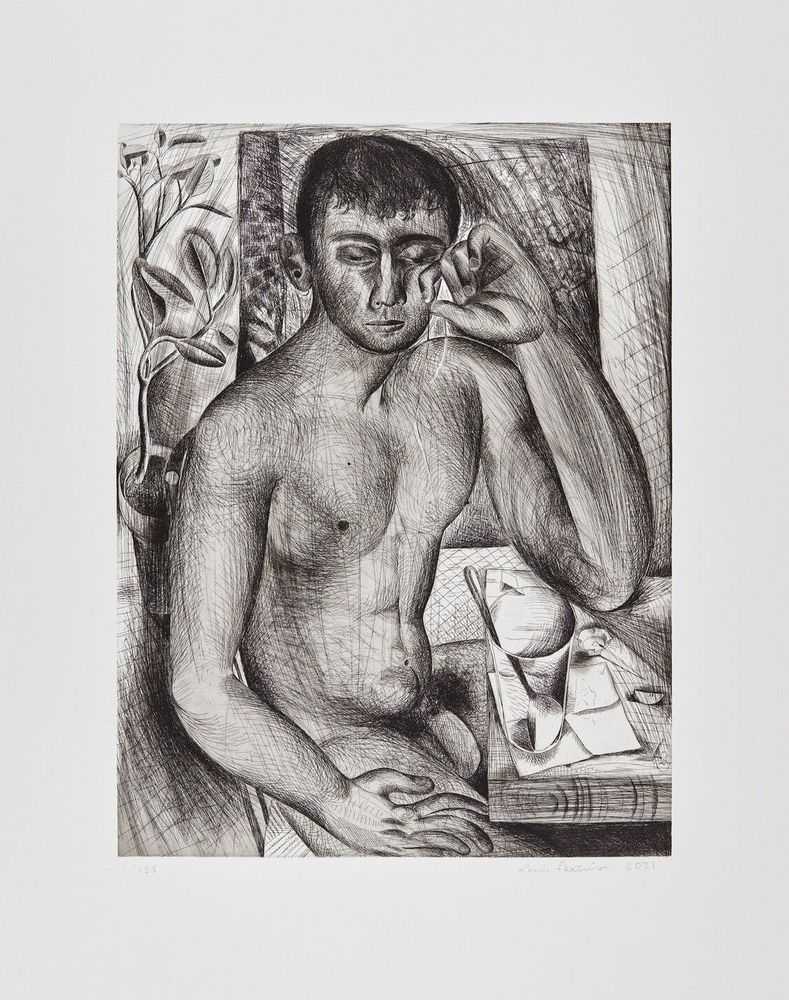 Louis Fratino, ‘Self Portrait With Floss’, 2021, Print, Etching with aquatint and drypoint, printed on Hahnemuhle White 300gsm paper, null, Numbered, Dated