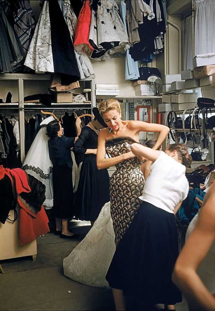Mark Shaw, ‘Backstage Balmain Getting Zipped’, 1954, Print, Pigment print on Hahnemϋhle photo rag paper, null, 