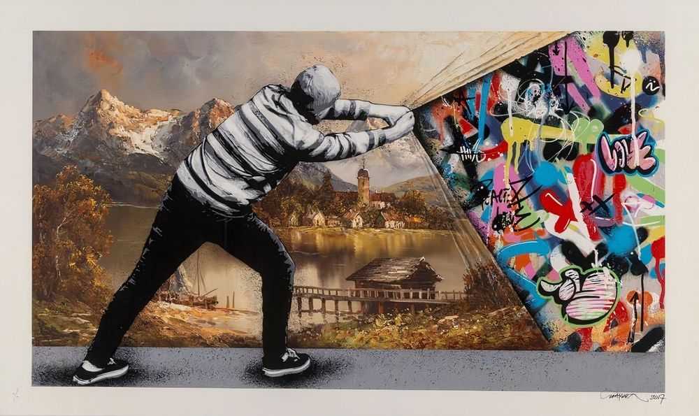 Martin Whatson, ‘Behind The Curtain (Landscape Variant)’, 2017, Print, Pigment print of the oil painting with a 12 Colour screenprint on top, Graffiti Prints, Numbered, Dated