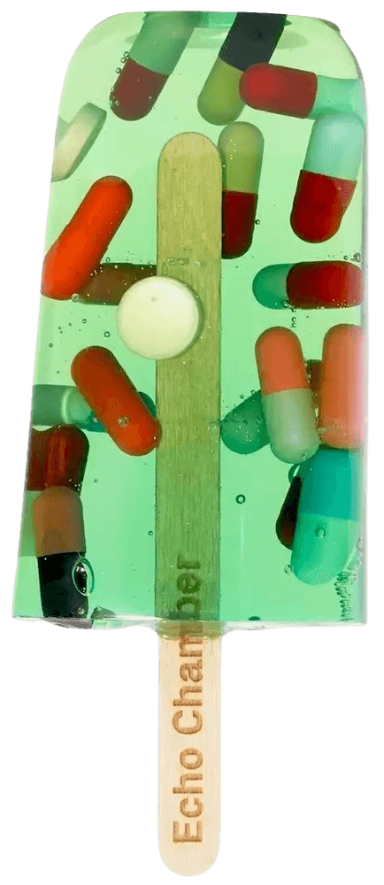 Miss Bugs, ‘Ice Lolly (Pills Green)’, 04-07-2019, Sculpture, Handmade resin ice lolly with encapsulated used syringe / surgical blades / pills on a Jesmonite marble plinth, Jealous Gallery, 