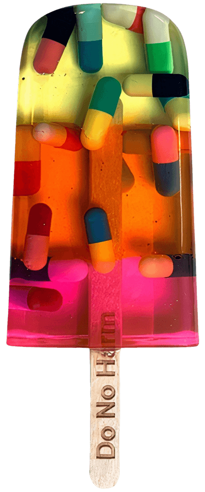Miss Bugs, ‘Ice Lolly (Pills Multi-Colour)’, 04-07-2019, Sculpture, Handmade resin ice lolly with encapsulated used syringe / surgical blades / pills on a Jesmonite marble plinth, Jealous Gallery, 
