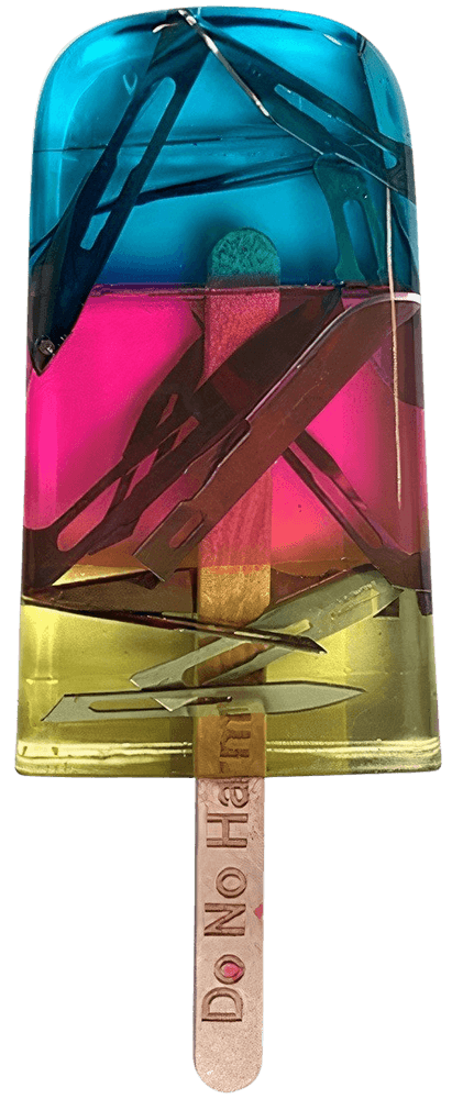 Miss Bugs, ‘Ice Lolly (Surgical Blades Multi-Colour)’, 04-07-2019, Sculpture, Handmade resin ice lolly with encapsulated used syringe / surgical blades / pills on a Jesmonite marble plinth, Jealous Gallery, 
