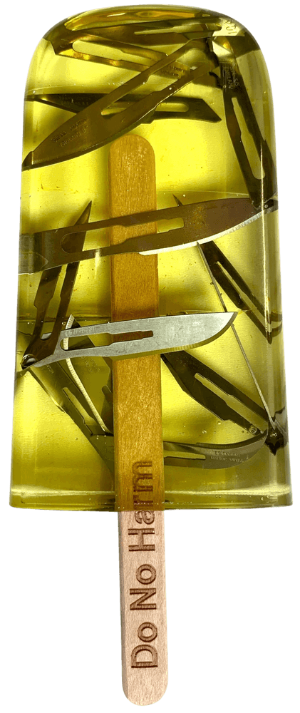 Miss Bugs, ‘Ice Lolly (Surgical Blades Yellow)’, 04-07-2019, Sculpture, Handmade resin ice lolly with encapsulated used syringe / surgical blades / pills on a Jesmonite marble plinth, Jealous Gallery, 