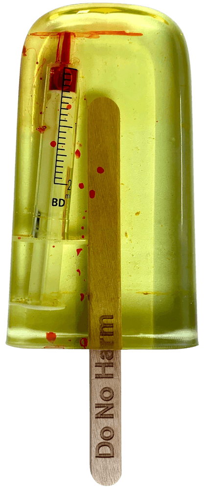 Miss Bugs, ‘Ice Lolly (Syringe Yellow)’, 04-07-2019, Sculpture, Handmade resin ice lolly with encapsulated used syringe / surgical blades / pills on a Jesmonite marble plinth, Jealous Gallery, 