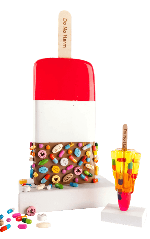 Miss Bugs, ‘Super Size Fab Med Lolly’, 2024, Sculpture, Cast in resin and comes in presentation box with plinth and scattered bag of meds, null, 