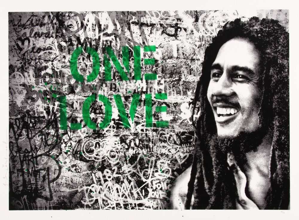 Mr. Brainwash, ‘Happy Birthday Bob Marley - One Love (Green)’, 06-02-2019, Print, One colour screen print hand finished with water colour and a spray painted stencil, Self-released, Numbered, Handfinished