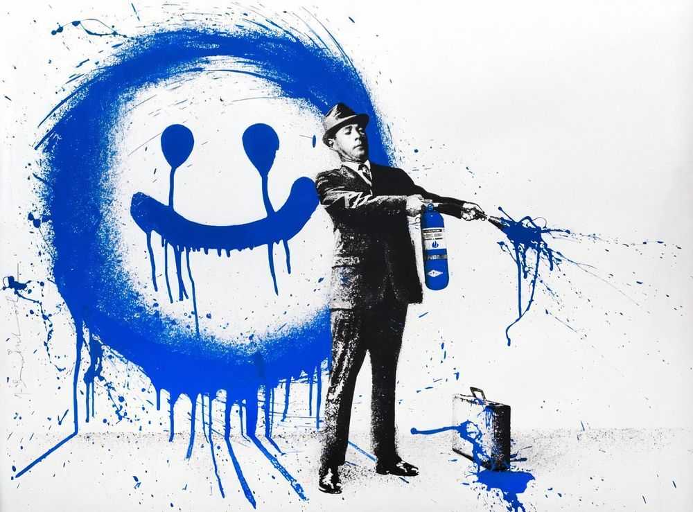 Mr. Brainwash, ‘Spray Happiness (Blue)’, 24-08-2018, Print, Three colour screen print on archival art paper with hand finish paint splatter, Self-released, Numbered, Handfinished