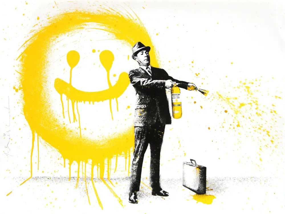 Mr. Brainwash, ‘Spray Happiness (Yellow)’, 24-08-2018, Print, Three colour screen print on archival art paper with hand finish paint splatter, Self-released, Numbered, Handfinished