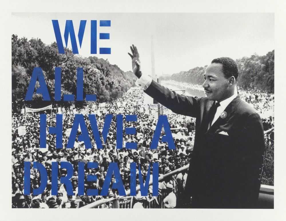Mr. Brainwash, ‘We All Have A Dream (Blue)’, 16-01-2017, Print, A One Colour Screenprint hand-finished with a stencil and spraypaint on hand torn archival art paper, Self-released, Numbered, Handfinished