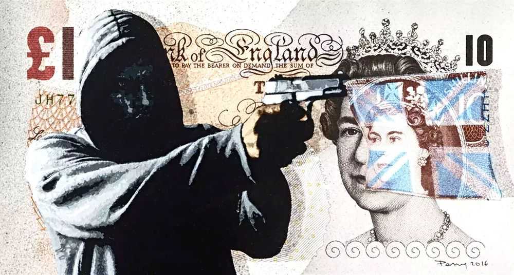Penny, ‘Bang On The Money £10’, 26-05-2016, Print, 25 layer hand cut stencil; Spray paint on £10 banknote, also featuring vintage 10 Shilling banknote, Self-released, Dated, Handfinished