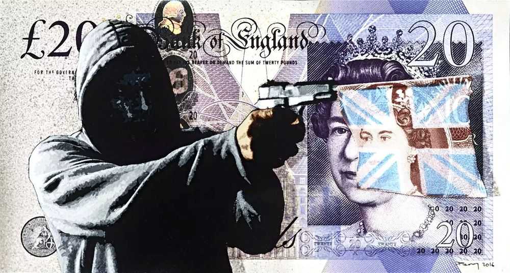 Penny, ‘Bang On The Money £20’, 26-05-2016, Print, 25 layer hand cut stencil; Spray paint on £20 banknote, also featuring vintage 10 Shilling banknote, Self-released, Dated, Handfinished