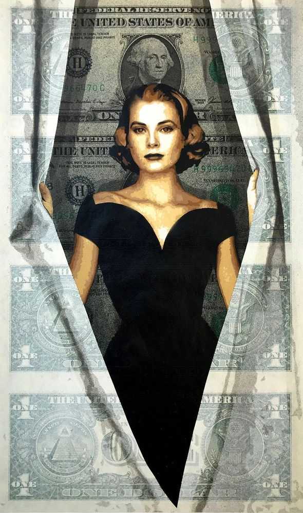 Penny, ‘Behind The Green Curtain ($1)’, 22-04-2017, Print, 27 layer hand cut stencil; Spray paint on two sheets of four uncut Dollar bills, Krause Gallery, Dated, Handfinished
