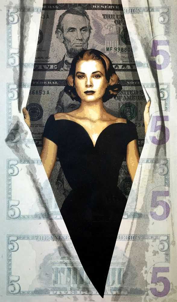 Penny, ‘Behind The Green Curtain ($5)’, 22-04-2017, Print, 27 layer hand cut stencil; Spray paint on two sheets of four uncut $5 bills, Krause Gallery, Dated, Handfinished