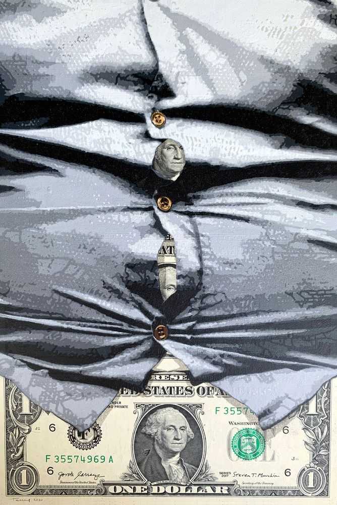 Penny, ‘Bloated’, 2022, Print, 16 layer hand-cut stencil; Spray paint on uncut sheet of genuine one Dollar bills, mounted on black mount board, Self-released, Numbered, Dated, Handfinished
