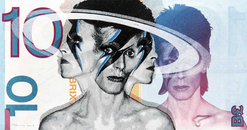 Penny, ‘Bowie (Blue)’, 28-09-2017, Print, 20 layer hand-cut stencil; Spray paint on Brixton Pound banknote, Flat Blak Gallery, Dated, Handfinished