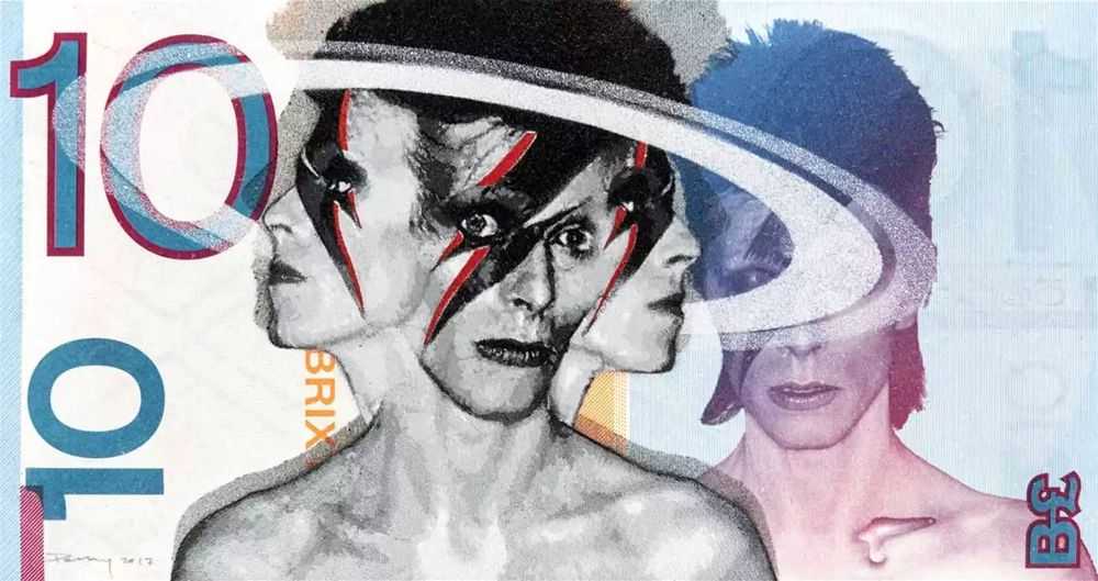 Penny, ‘Bowie (Red)’, 28-09-2017, Print, 20 layer hand-cut stencil; Spray paint on Brixton Pound banknote, Flat Blak Gallery, Dated, Handfinished