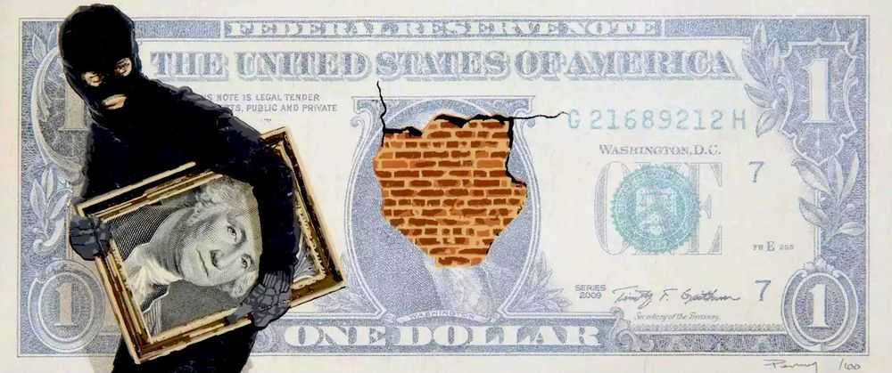 Penny, ‘Dollar Heist’, 31-10-2014, Print, Genuine one dollar note with screen printed layers and hand embellishments, UTB NYC, Numbered, Handfinished
