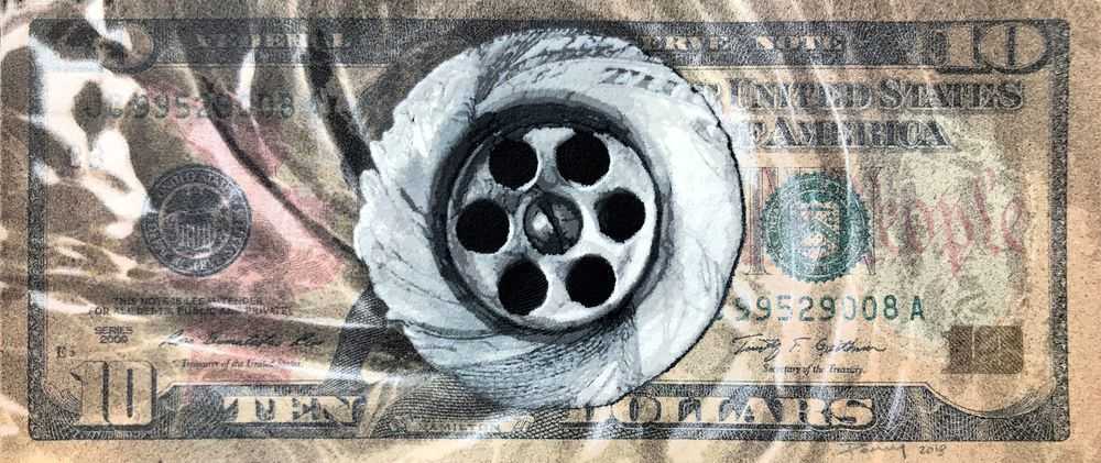 Penny, ‘Drain (Ten Dollar)’, 04-12-2018, Print, 19 layer hand cut stencil; Spray paint on Ten Dollar bill, Self-released, Dated, Handfinished