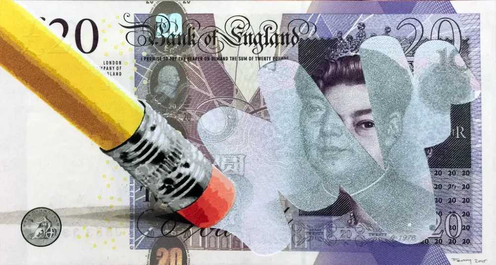 Penny, ‘Erase (20)’, 03-12-2015, Print, 23 layer hand cut stencil; Spray paint on £20 and 10 Yuan banknotes, Self-released, Dated, Handfinished