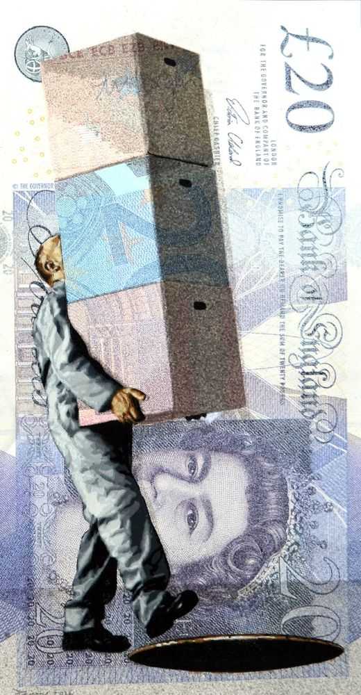Penny, ‘Exit £20’, 26-05-2016, Print, 28 layer hand cut stencil; Spray paint on £50 banknote, also featuring €50, €20 and €10 banknotes, Self-released, Dated, Handfinished