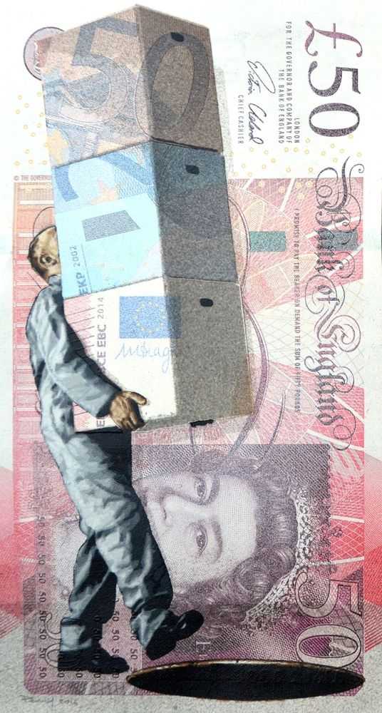 Penny, ‘Exit £50’, 26-05-2016, Print, 28 layer hand cut stencil; Spray paint on £50 banknote, also featuring €50, €20 and €10 banknotes, Self-released, Dated, Handfinished