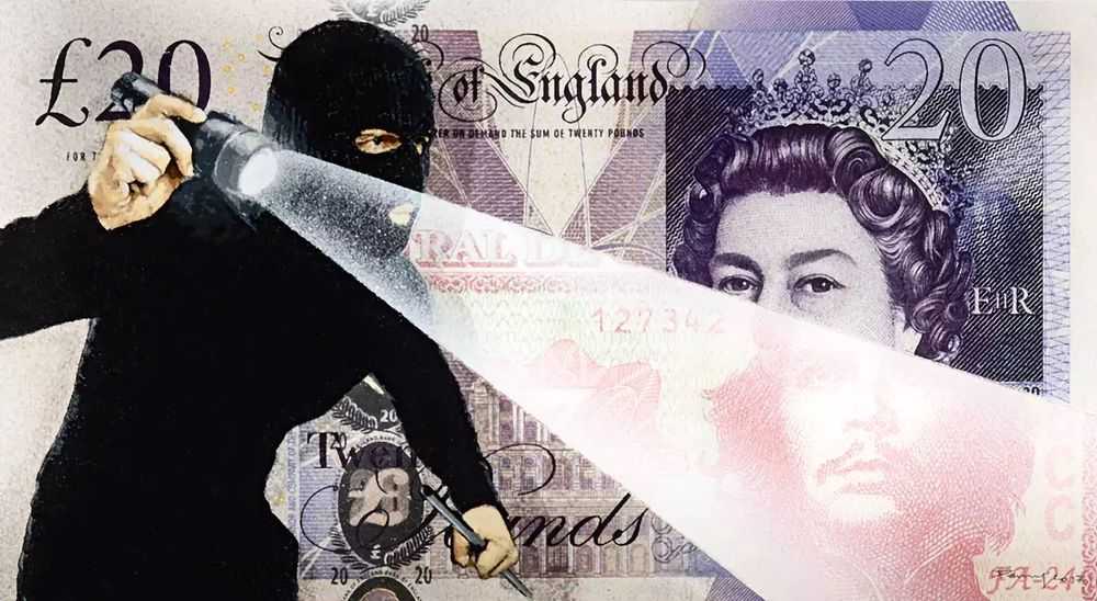 Penny, ‘Flashpoint (£20)’, 17-02-2017, Print, 26 layer hand-cut stencil on banknote; Spray paint on £20 and 3 Cuban Peso banknote, Spoke Art, Dated, Handfinished