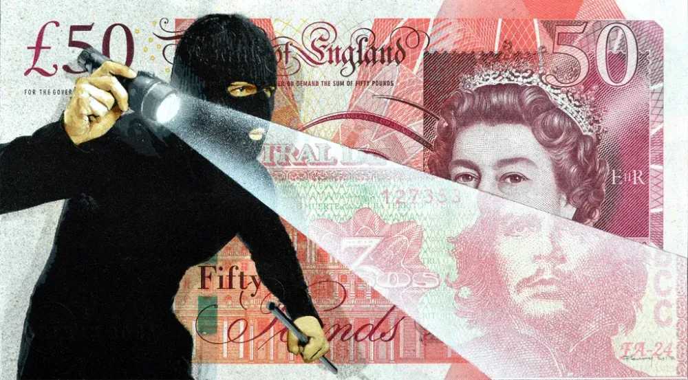 Penny, ‘Flashpoint (£50)’, 17-02-2017, Print, 26 layer hand-cut stencil on banknote; Spray paint on £50 and 3 Cuban Peso banknote, Spoke Art, Dated, Handfinished